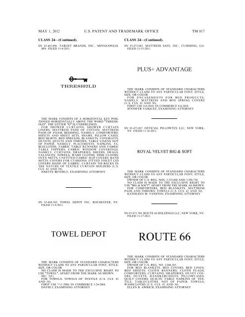 marks published for opposition - U.S. Patent and Trademark Office