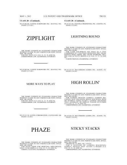 marks published for opposition - U.S. Patent and Trademark Office