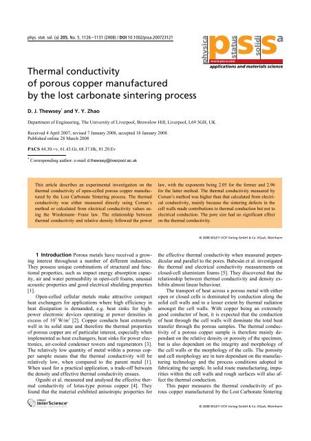 Thermal conductivity of porous copper manufactured by the lost ...