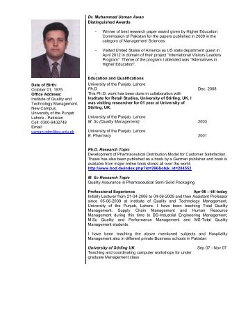 CV of Muhammad Usman Awan - University of the Punjab