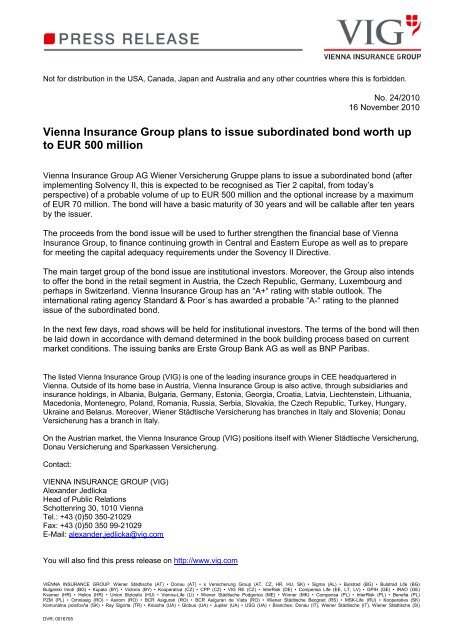 Vienna Insurance Group plans to issue subordinated bond worth up ...
