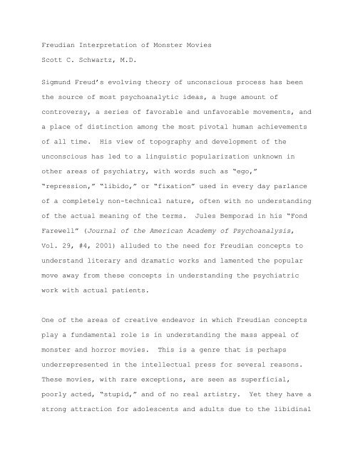 Freudian Interpretation of Monster Movies Scott C. Schwartz, M.D ...