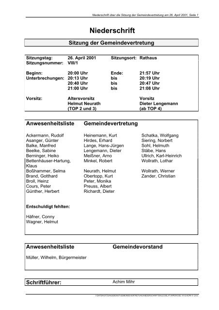 Protokoll vom 26.04.2001 - Fuldabrück