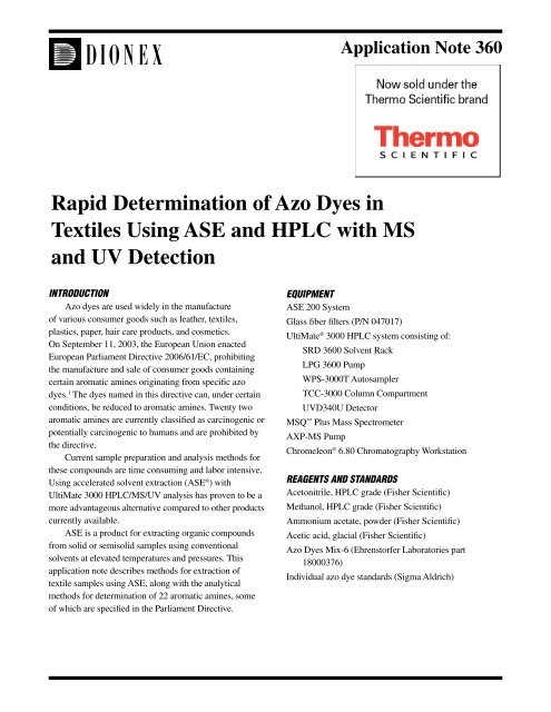 AN 360: Rapid Determination of Azo Dyes in Textiles Using ... - Dionex
