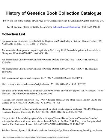 History of Genetics Book Collection Catalogue - The John Innes ...