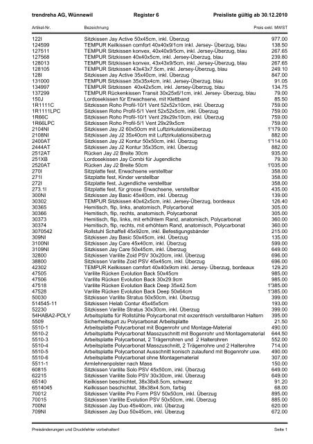 Preisliste für Katalog