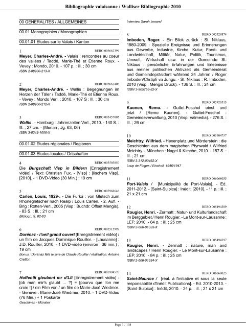 Bibliographie valaisanne / Walliser Bibliographie 2010