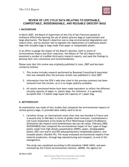 Paper And Plastic Grocery Bag Lca Summary 3 28 08