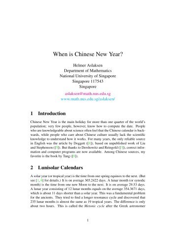 When is Chinese New Year? - Department of Mathematics