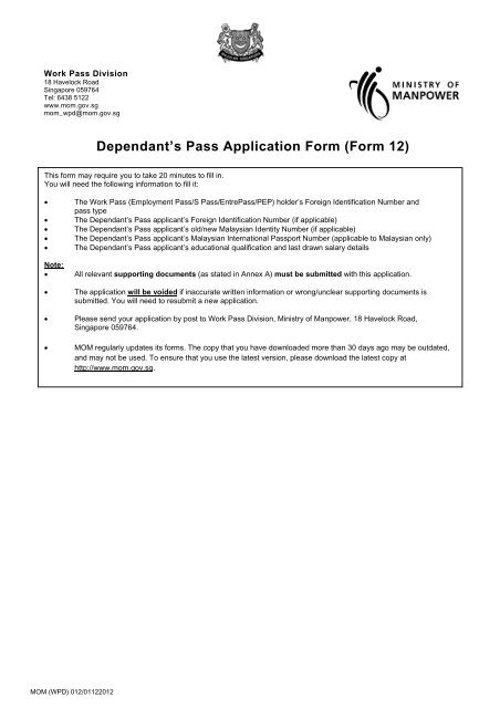 Dependant's Pass Application Form (Form 12) - Ministry of Manpower