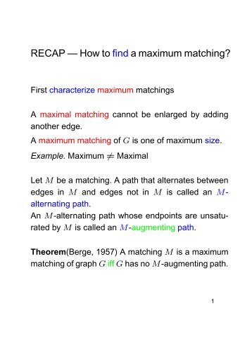 RECAP — How to find a maximum matching? - ETH - D-INFK