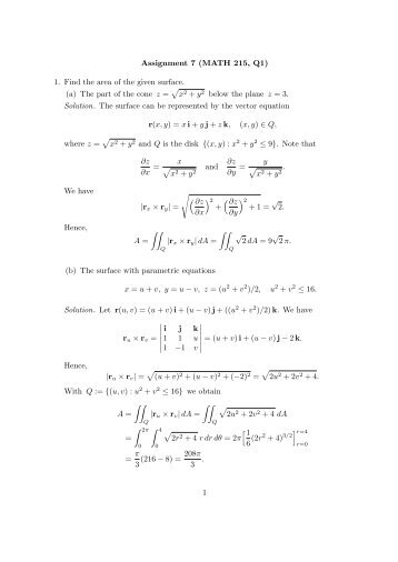 Assignment 7 (MATH 215, Q1) 1. Find the area of the given surface ...