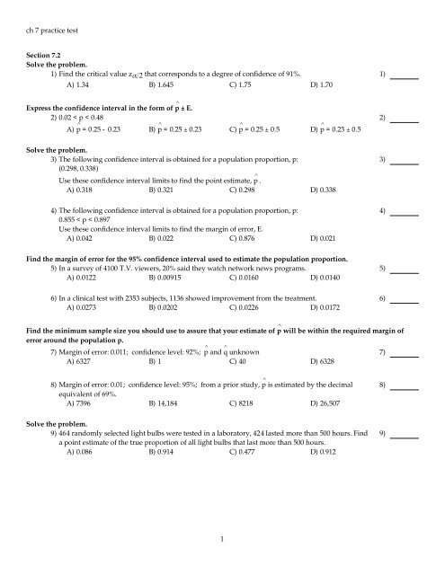 ch 7 practice test Section 7.2 Solve the problem. 1) Find the critical ...