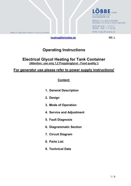 Operating Instructions Electrical Glycol Heating for Tank Container