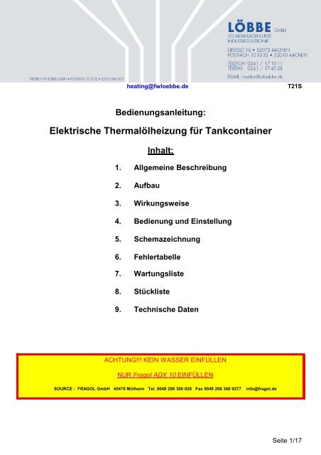 Elektrische Thermalölheizung für Tankcontainer Inhalt - Löbbe GmbH
