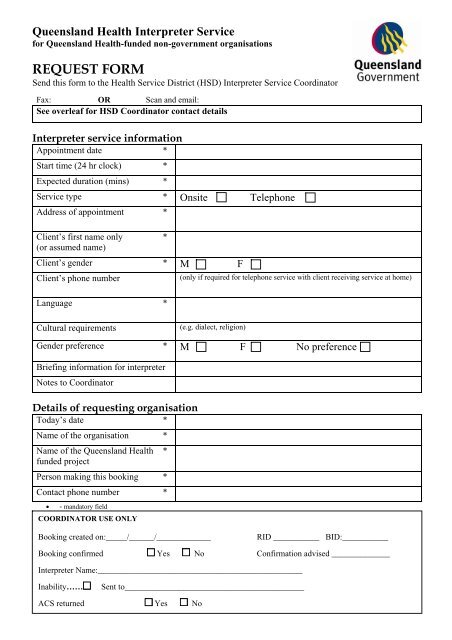 Queensland Health Interpreter Service request form for HSD ...
