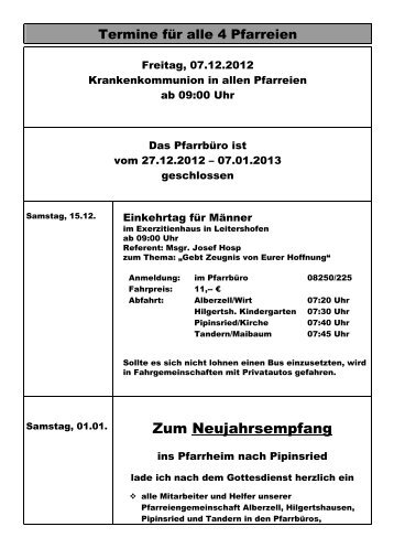 Sonstige Termine und Infos Dezember 2012 für alle