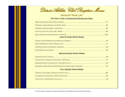 Reception Menus - Detroit Athletic Club