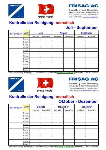 Hygiene & Reinigungs Kontrollblätter zum selber drucken - Frisag AG