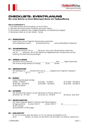 CHECKLISTE: EVENTPLANUNG - TopSpeedRacing