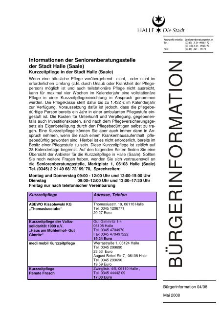 Merkblatt kurzzeitpflege mai2008 - Stadt Halle (Saale)