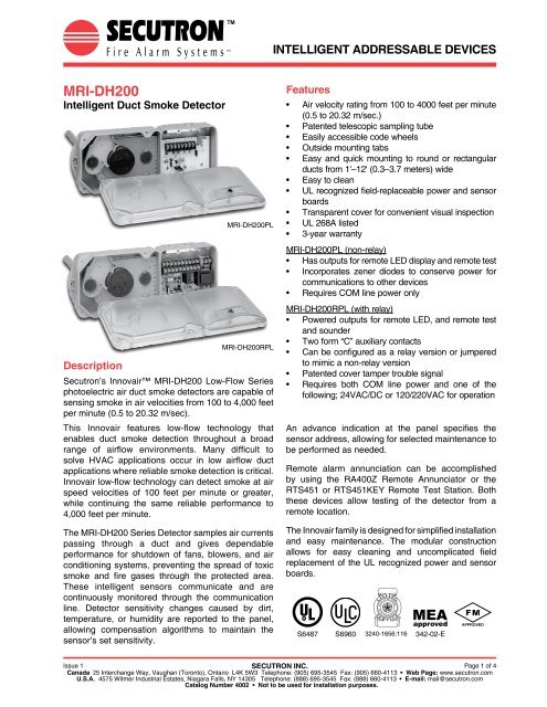 MRI-DH200 Intelligent Duct Smoke Detector - Secutron