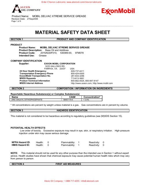 Mobil Delvac Xtreme Service Grease MSDS - Alexis Oil