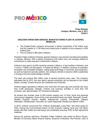 Press Release Jiutepec, Morelos, July 5, 2011 B.64/11 UNILEVER ...
