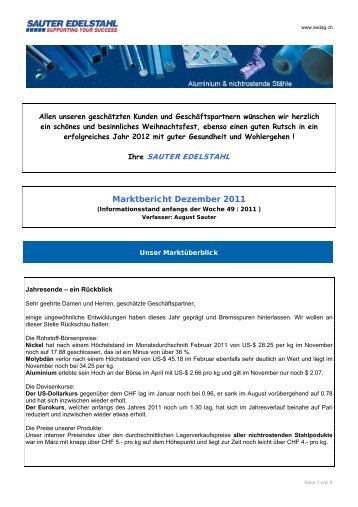 Marktbericht Dezember 2011 - SAUTER EDELSTAHL AG