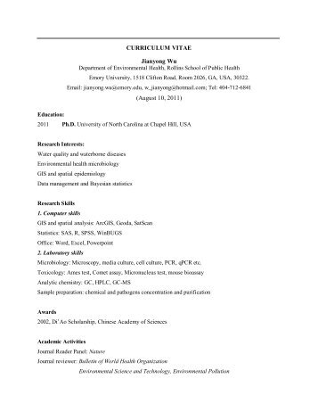 CURRICULUM VITAE Jianyong Wu (August 10, 2011) - Carolina ...