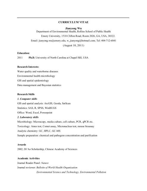 CURRICULUM VITAE Jianyong Wu (August 10, 2011) - Carolina ...