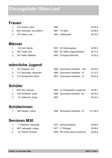 Ehrungsliste 10km-Lauf - SV 1899 Langensteinbach - Leichtathletik
