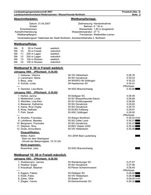 Protokoll Abschnitt 2 - Landesschwimmverband Niedersachsen eV