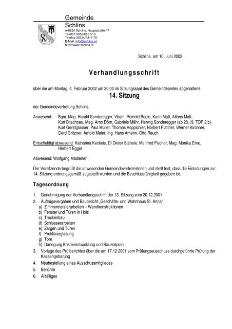 Verhandlungsschrift 14. Sitzung - Gemeinde Schlins