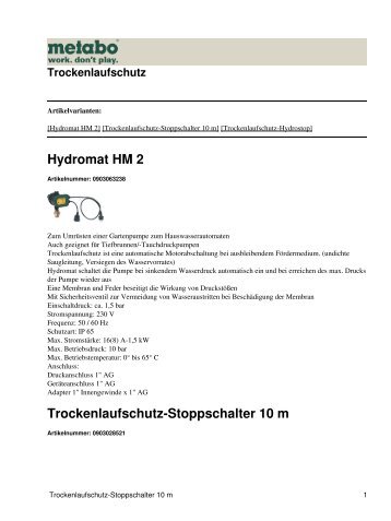 Hydromat HM 2 Trockenlaufschutz-Stoppschalter 10 m - Metabo