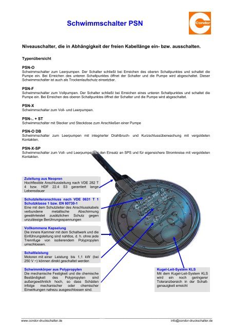 Produktbild von Condor 234173 Schwimmschalter PSN-0 5m – Für Trockenlaufschutz & Leerpumpen, IP68