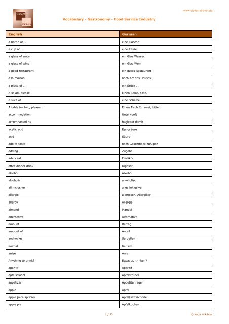 Vocabulary - Gastronomy - Food Service Industry English German