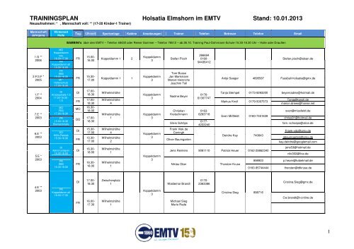 TRAININGSPLAN Holsatia Elmshorn im EMTV Stand: 10.01.2013