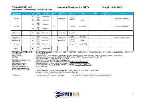 TRAININGSPLAN Holsatia Elmshorn im EMTV Stand: 10.01.2013