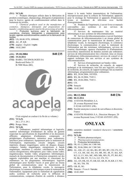Gazette OMPI des marques internationales WIPO Gazette of ...