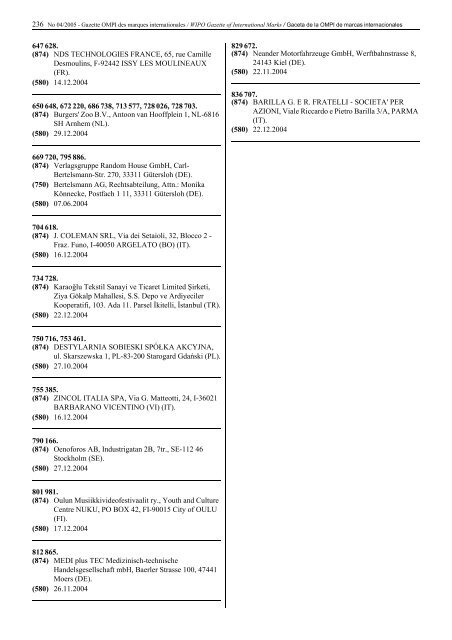 Gazette OMPI des marques internationales WIPO Gazette of ...