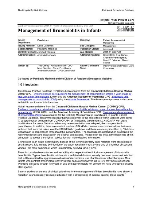 Management of Bronchiolitis in Infants - The Hospital for Sick Children