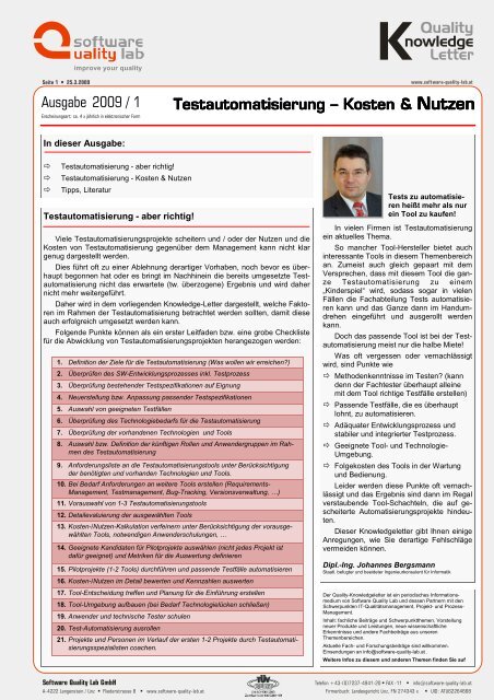Testautomatisierung — Nutzen und Kosten - Software Quality Lab