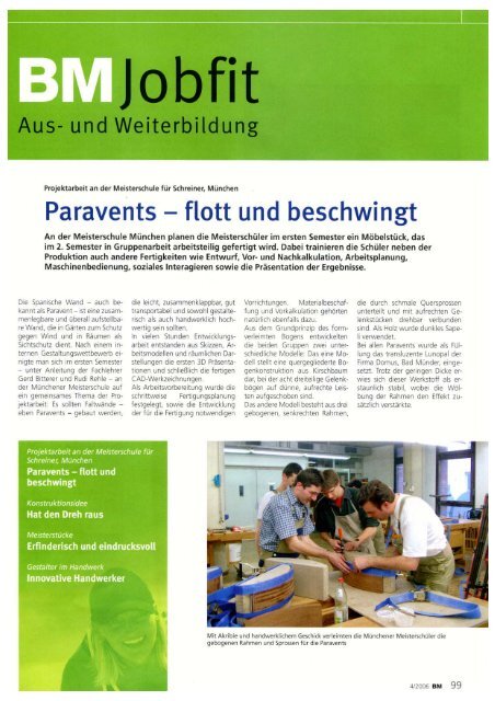 Paravents - flott und beschwingt - Meisterschule Schreiner München