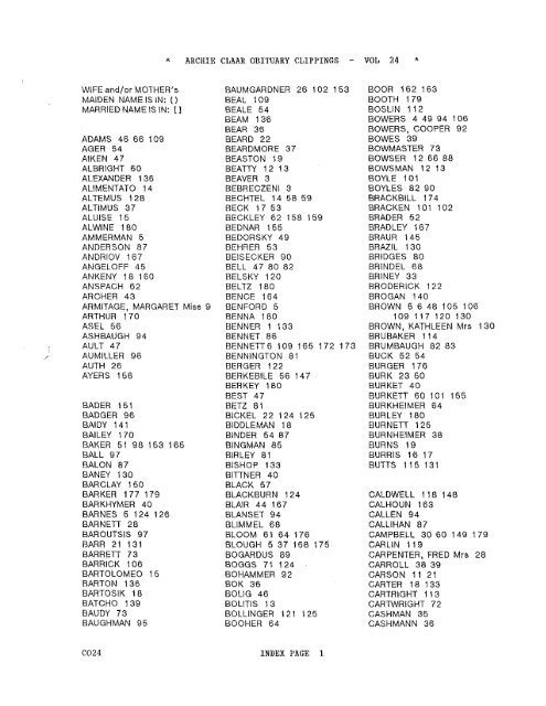 Archie Claar Obituary Collection Index, Volume 24