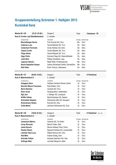 Gruppeneinteilung Ilanz 1. Halbjahr 2013 (PDF) - VSSM GR