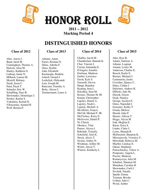 Honor Roll - Fourth Marking Period