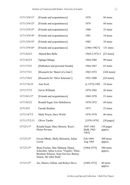 A catalogue of the material deposited by the Ruth First Memorial ...