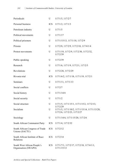 A catalogue of the material deposited by the Ruth First Memorial ...