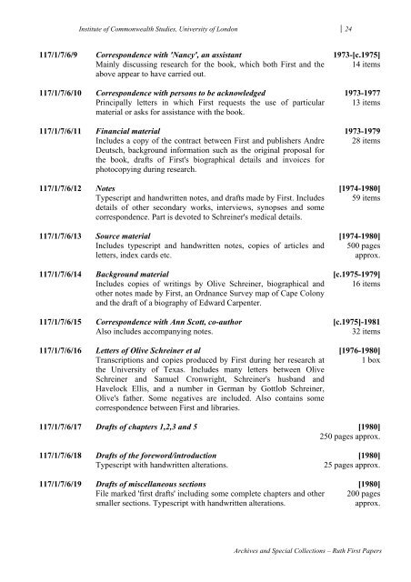 A catalogue of the material deposited by the Ruth First Memorial ...